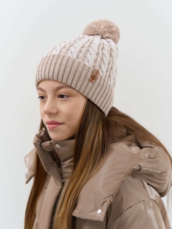 шапка зимняя из смесовой шерсти с флисовым подкладом "нюд" 7+ - детские шапки для девочек 