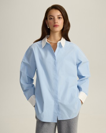 хлопковая рубашка с контрастным воротником и манжетами - женские блузы и рубашки