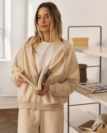 хлопковая толстовка худи на молнии - женские толстовки сливочные 