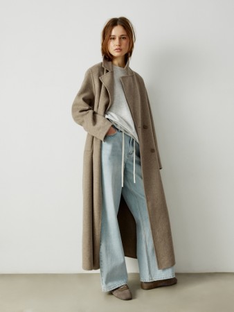 двубортное пальто макси из смесовой шерсти фотография