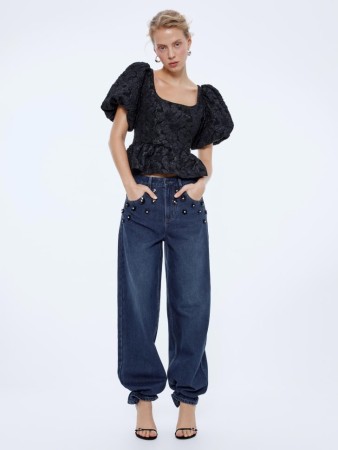 джинсы loose straight с цветочным декором фотография