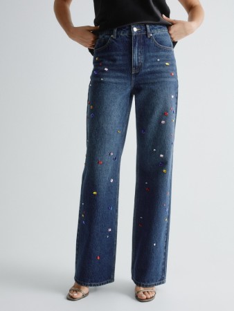 джинсы straight с декором из камней - женская одежда новогодняя 