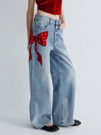 джинсы wide leg с бантом со стразами для девочек - детская одежда, обувь и аксессуары для всех возрастов голубая 