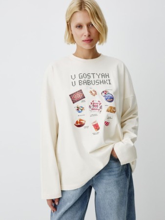 лонгслив оверсайз с вышивкой и принтом - женские футболки и поло широкие 