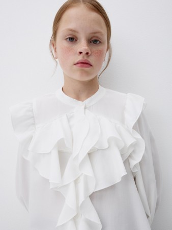 нарядная белая блузка с жабо для девочек - детские блузы эластичные 