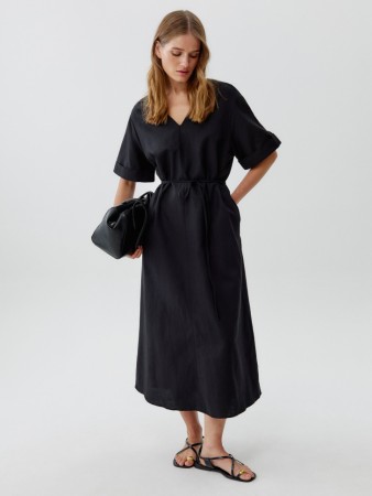 платье миди из смесовой вискозы с хлопком и льна - женские платья с отворотом 