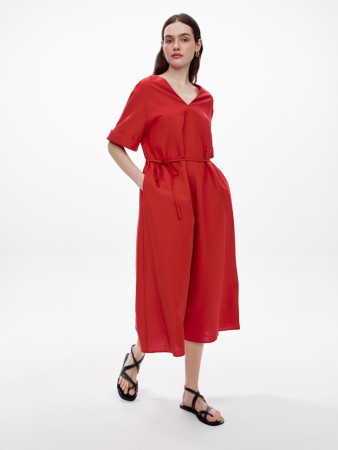 платье миди из смесовой вискозы с хлопком и льна - женские платья с отворотом 