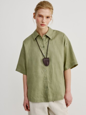 рубашка с коротким рукавом из льна - женская одежда, обувь и аксессуары с разрезом 