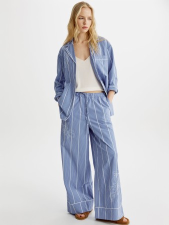 широкие брюки в полоску с вышивкой из смесового хлопка - женские брюки и бриджи в полоску 