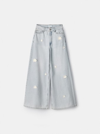 широкие джинсы на высокой посадке с декором - женская одежда, обувь и аксессуары морская 