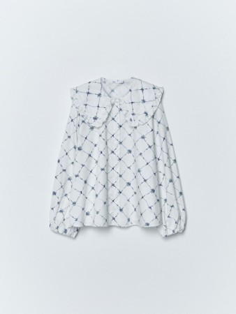 твиловая блузка с принтом и фигурным воротником - женские блузы