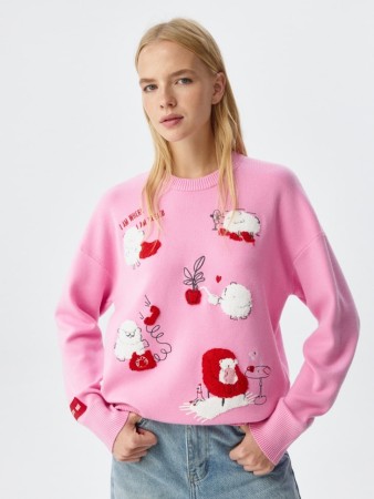 вязаный джемпер оверсайз с жаккардовым принтом - женские джемперы с круглым вырезом 