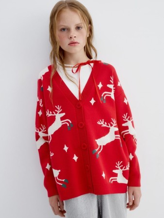 вязаный кардиган с жаккардовым принтом для девочек - детские джемперы, свитеры и кардиганы новогодние 