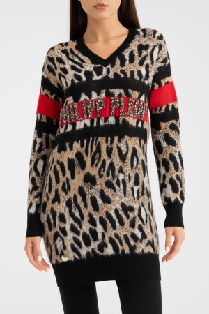 пуловер  с лого из кристаллов - женская одежда леопардовая 