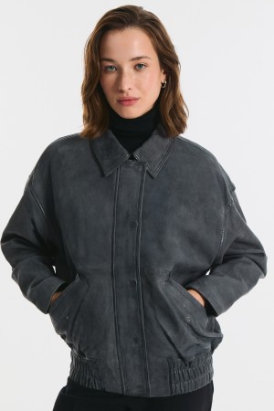 бомбер из натуральной кожи - женские куртки и пуховики серые 