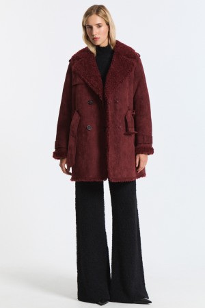 дубленка из шерсти с поясом - женские дубленки бордовые 