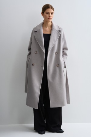 двубортное пальто с поясом фотография