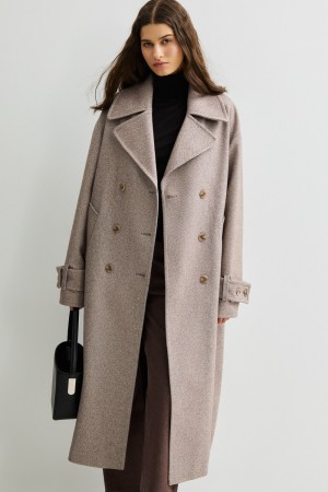 двубортное пальто с поясом фотография