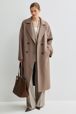 двубортное пальто с поясом фотография