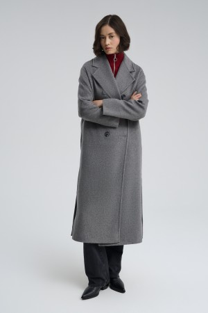 двубортное пальто с поясом фотография