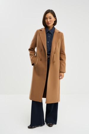 двубортное пальто с поясом фотография