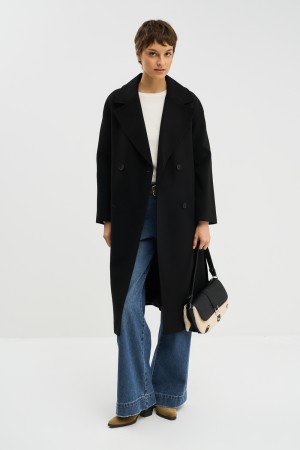 двубортное пальто с поясом - женские пальто из спандекса 