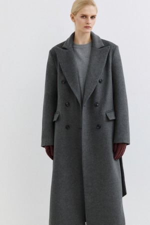 двубортное пальто с поясом фотография