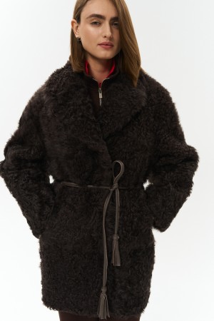 двусторонняя дубленка из овчины с поясом фотография