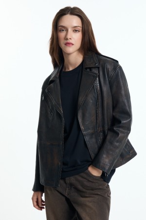 кожаная косуха с поясом - женские куртки и пуховики коричневые 