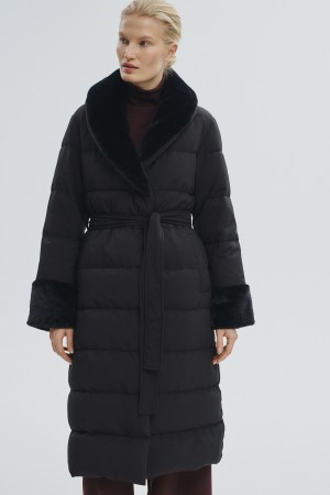 пуховик с поясом и меховой отделкой - женская одежда, обувь и аксессуары с поясом 
