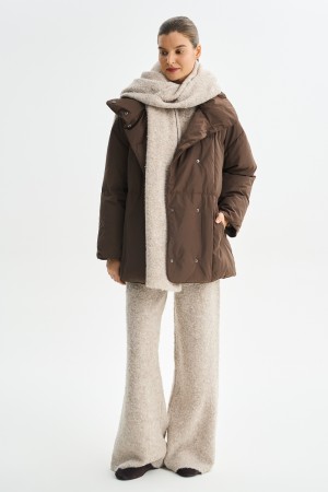 пуховик с поясом - женская одежда, обувь и аксессуары коричневая 