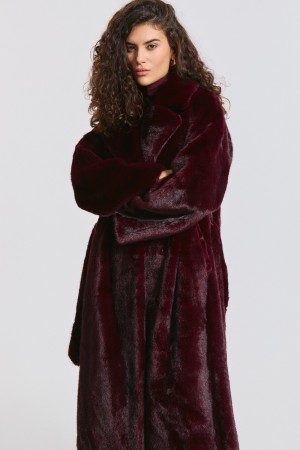 шуба из искусственного меха с поясом - женские шубы и полушубки бордовые 
