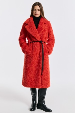 шуба из шерсти с поясом - женские шубы оранжевые 