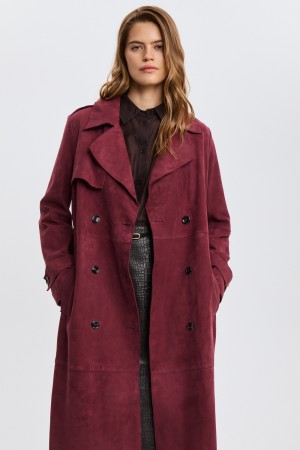 тренч из натуральной замши - женские пальто и плащи бордовые 