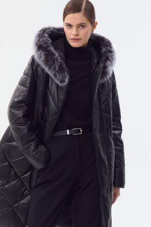 утепленное кожаное пальто с меховой отделкой - верхняя одежда