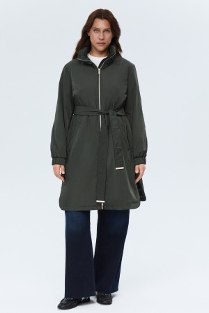 утепленный плащ с поясом - женские пальто и плащи зеленые 
