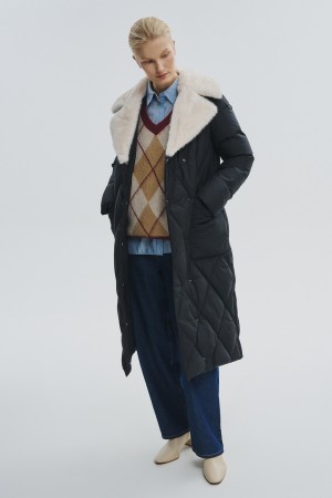 зимнее пальто с поясом и меховой отделкой - женские пальто снежная королева 