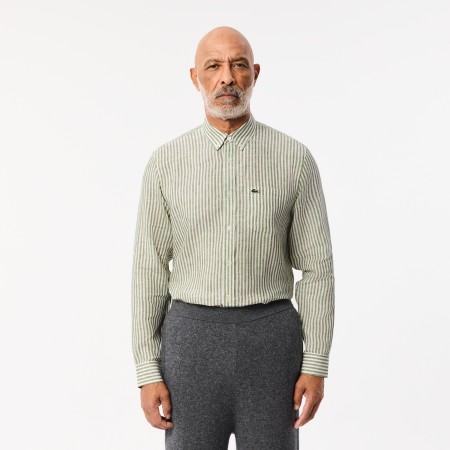 мужская льняная рубашка  в полоску - одежда lacoste 