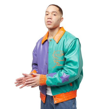 куртка metal plate block leather college jacket фотография